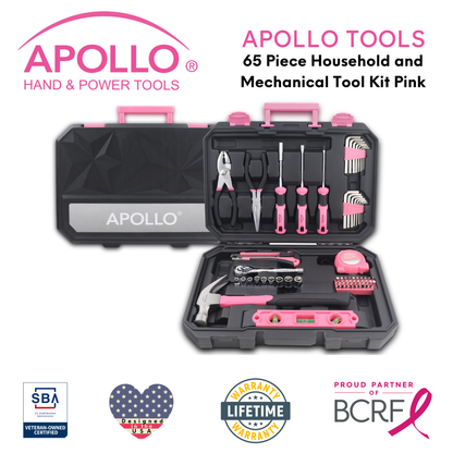 Essential 65-Piece Pink Tool Set with Socket Set and Most-Used Tools for Do it Yourself Repairs and Maintenance - DT0001P