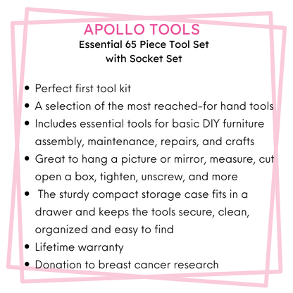 Essential 65-Piece Pink Tool Set with Socket Set and Most-Used Tools for Do it Yourself Repairs and Maintenance - DT0001P