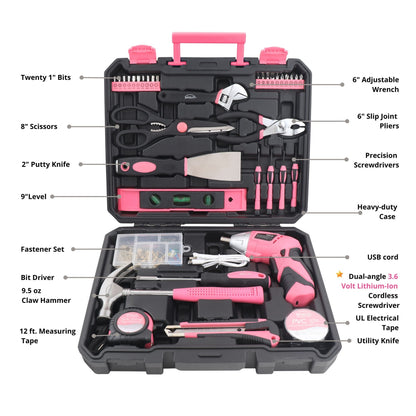 New and Improved 135 Piece Pink Household Tool Set with Pivoting Dual-Angle 3.6 Volt Lithium-Ion Cordless Screwdriver in Hard Case - DT0774P