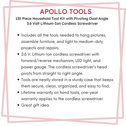 135 Piece Household Tool Set with Pivoting Dual-Angle 3.6 Volt Lithium-Ion Cordless Screwdriver - DT0773