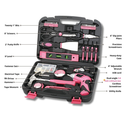 135 Piece Household Tool Kit Pink with Pivoting Dual-Angle 3.6 Volt Lithium-Ion Cordless Screwdriver - DT0773N1