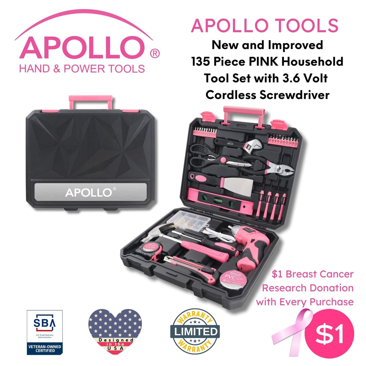 New and Improved 135 Piece Pink Household Tool Set with Pivoting Dual-Angle 3.6 Volt Lithium-Ion Cordless Screwdriver in Hard Case - DT0774P