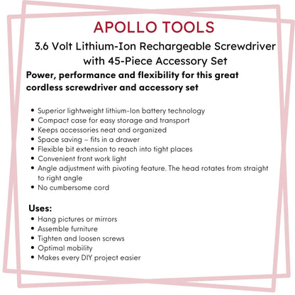 3.6 Volt Lithium-Ion Rechargeable Screwdriver with 45 Pieces Accessory Set - DT4944