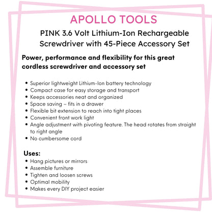 3.6 Volt Lithium-Ion Rechargeable Screwdriver with 45 Piece Accessory Set - Pink DT4944P