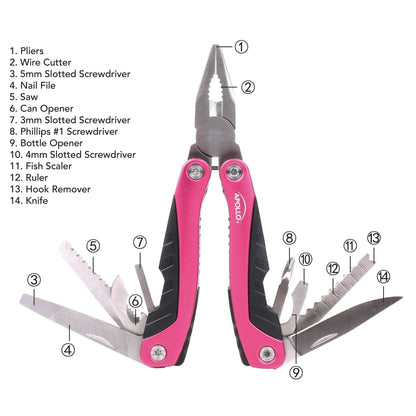 14-in-1 Pink High-Quality Pocket Multitool Pliers. Great for Outdoors, Camping, Fishing  --DT5015P