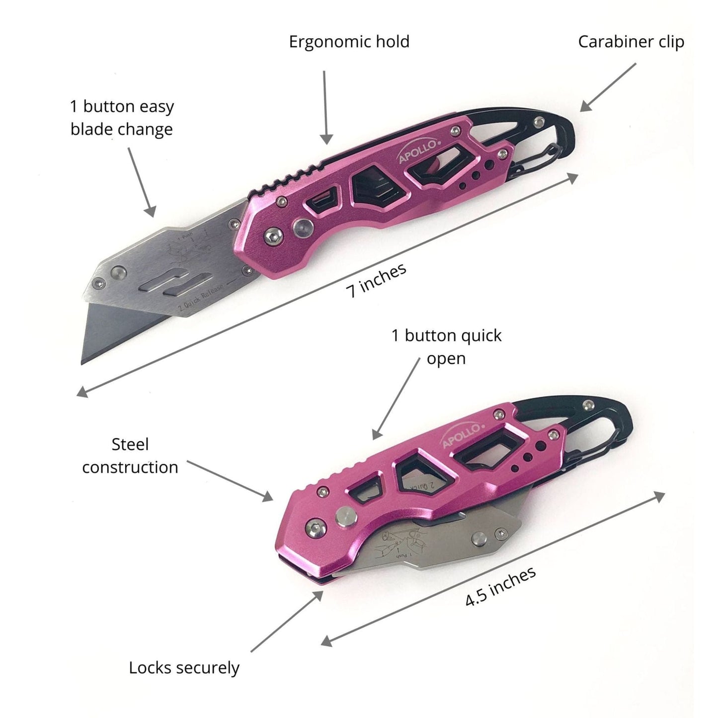 Ergonomic Stainless Steel, Lightweight, Foldable Pink Utility Knife with Carabiner Clip and Fast-Change Blade - DT5017P