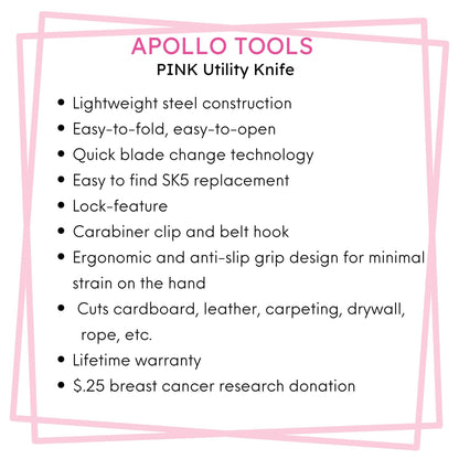 Ergonomic Stainless Steel, Lightweight, Foldable Pink Utility Knife with Carabiner Clip and Fast-Change Blade - DT5017P