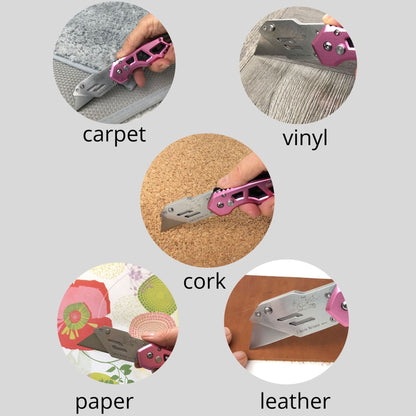 Ergonomic Stainless Steel, Lightweight, Foldable Pink Utility Knife with Carabiner Clip and Fast-Change Blade - DT5017P