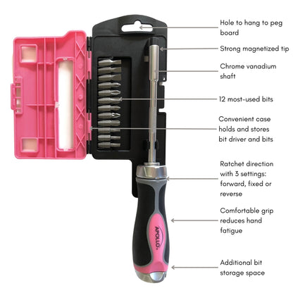 13-in-1 Ratcheting Screwdriver with Bit Set – Pink -- DT5021P