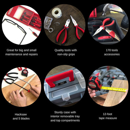 Red 170 Piece Household Tool Kit with New and Improved Tool Box - DT7103