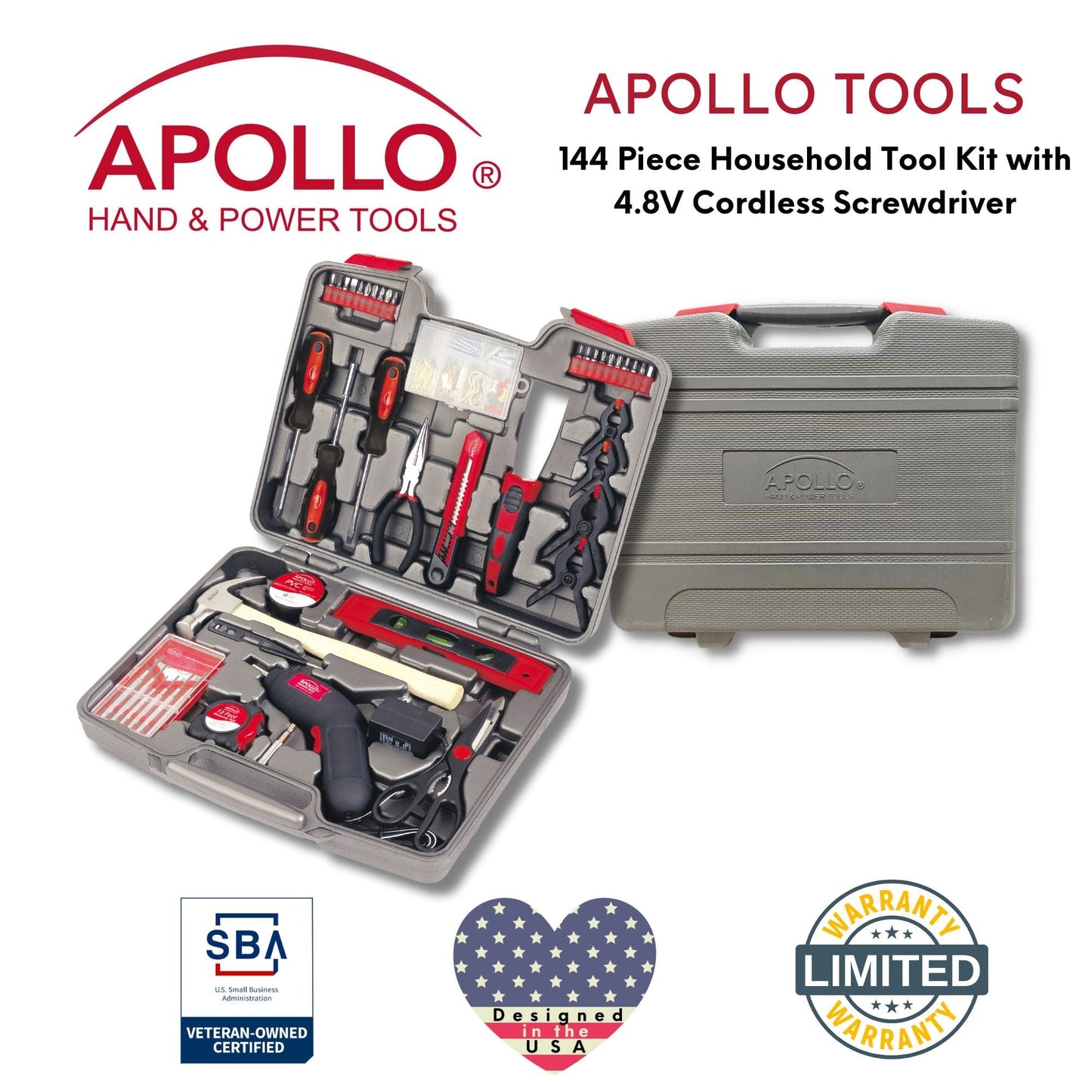 144 Piece Household Tool Kit with 4.8V Cordless Screwdriver - DT8422