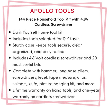 144 Piece Household Tool Kit with 4.8V Cordless Screwdriver - DT8422