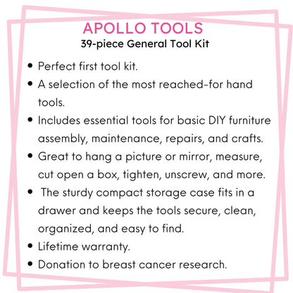 Apollo Tools New and Improved 39 Piece General Pink Tool Set in Storage Case for DIY Everyday Home Maintenance and Repairs- DT9711P