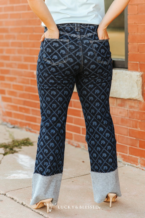 Lucky & Blessed Denim Horse Laser Printed Cuffed High Rise Printed Jeans Plus Size (30in Inseam)
