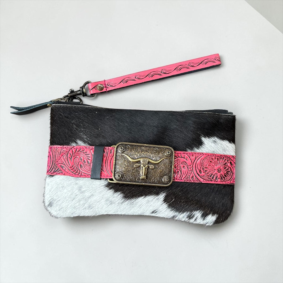 Genuine Leather and Cowhide Buckle Wristlet/Crossbody