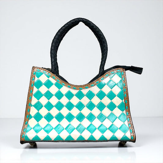 Checkered Tote Crossbody Turquoise