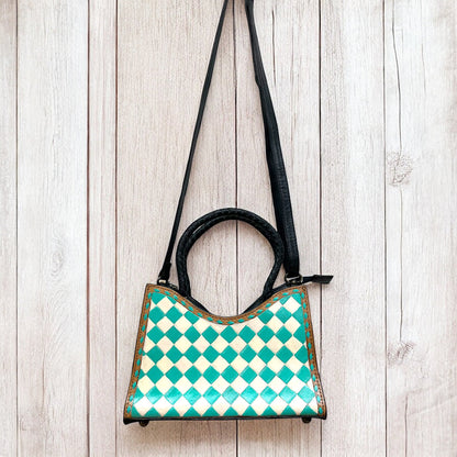 Checkered Tote Crossbody Turquoise