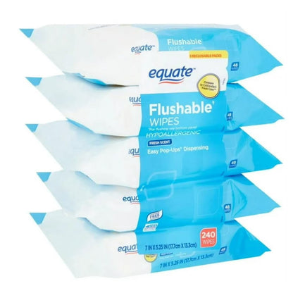 Flushable Wipes, Fresh Scent, 5 packs of 48 wipes, 240 Total Wipes