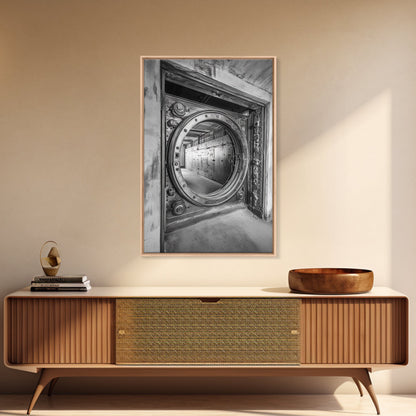 Bank Vault Door, Industrial Design, Urban Texture, Canvas Print, Masculine Office Decor, Steampunk Wall Art, Black White Print
