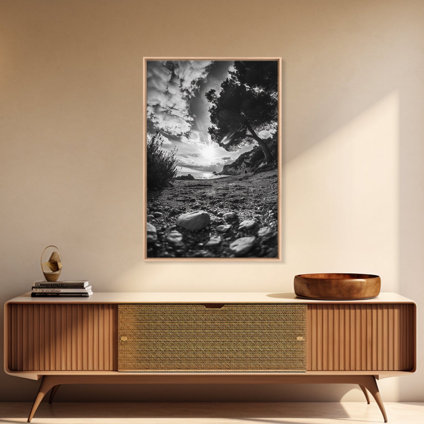 Sunset Beach View, Wide Angle Perspective, Nature Shoreline, Monochrome Landscape, Framed Canvas Print, Hallway Wall Art, Beach Decor