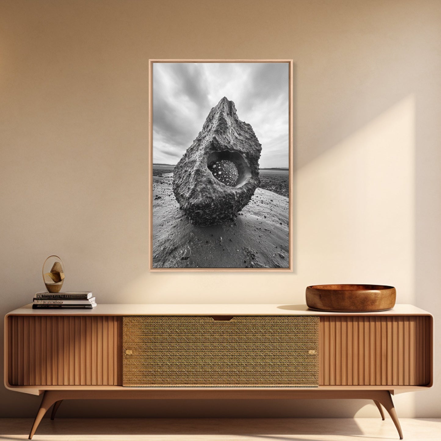 Sea Orb Rock, Coastal Texture, Ocean Shell Art, Framed Canvas Print, Beach House Wall Decor, Abstract Nature, Nautical Art Piece