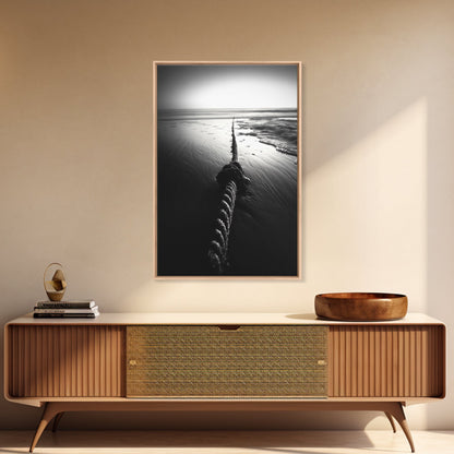 Ocean Rope Shore, Nautical Minimalism, Seaside Monochrome, Black and White Calm, Framed Canvas Print, Bedroom Wall Art, Coastal Decor