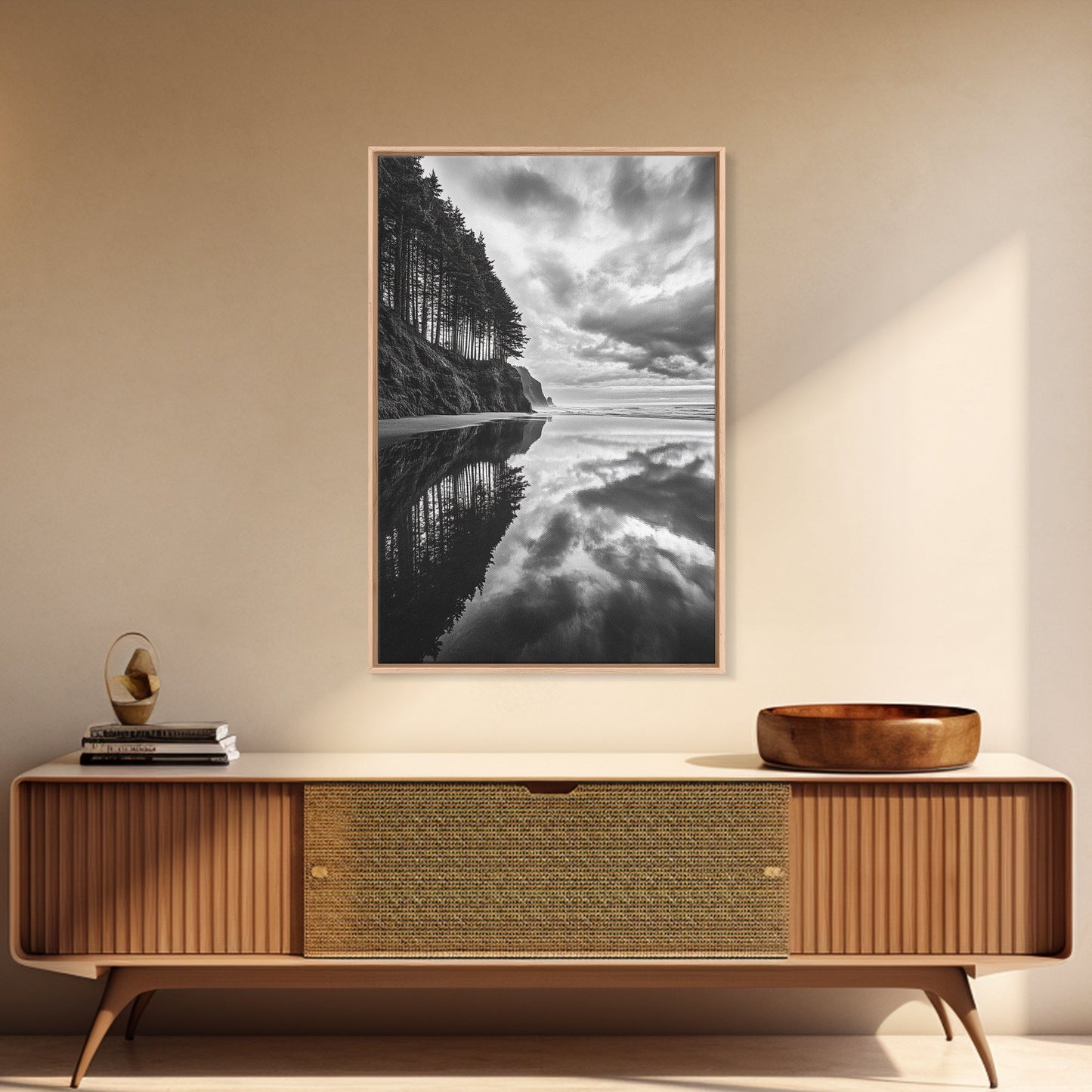 Ocean Cliff Reflection, Dramatic Coastline Art, Cloudy Sky Canvas, Framed Canvas Print, Living Room Wall Art, Moody Landscape Photography