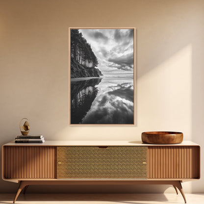 Ocean Cliff Reflection, Dramatic Coastline Art, Cloudy Sky Canvas, Framed Canvas Print, Living Room Wall Art, Moody Landscape Photography