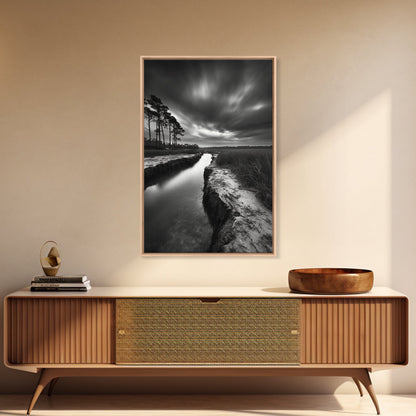 Misty Marsh Path, Moody Landscape, Nature Wall Decor, Living Room Art, Canvas Print, Black and White Photography, Autumn Wall Art