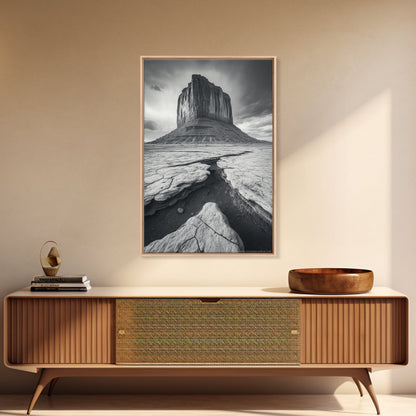 Monument Valley Cliff, Desert Rockscape, Framed Canvas Print, Western Wall Art, Office Decor, Black and White Photography