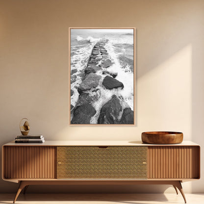 Rocky surf path, ocean jetty power, dramatic sea waves, black white beachscape, Canvas Print, bathroom wall art, nautical minimalist decor