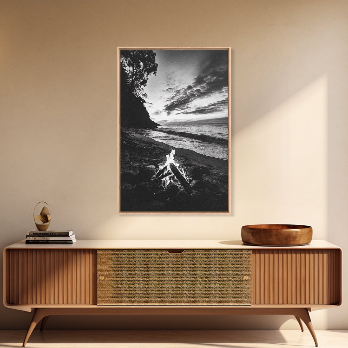 Shoreline fire night, beach flames, evening waves, rustic warmth, Canvas Print, Autumn decor, outdoor adventure minimalist wall art