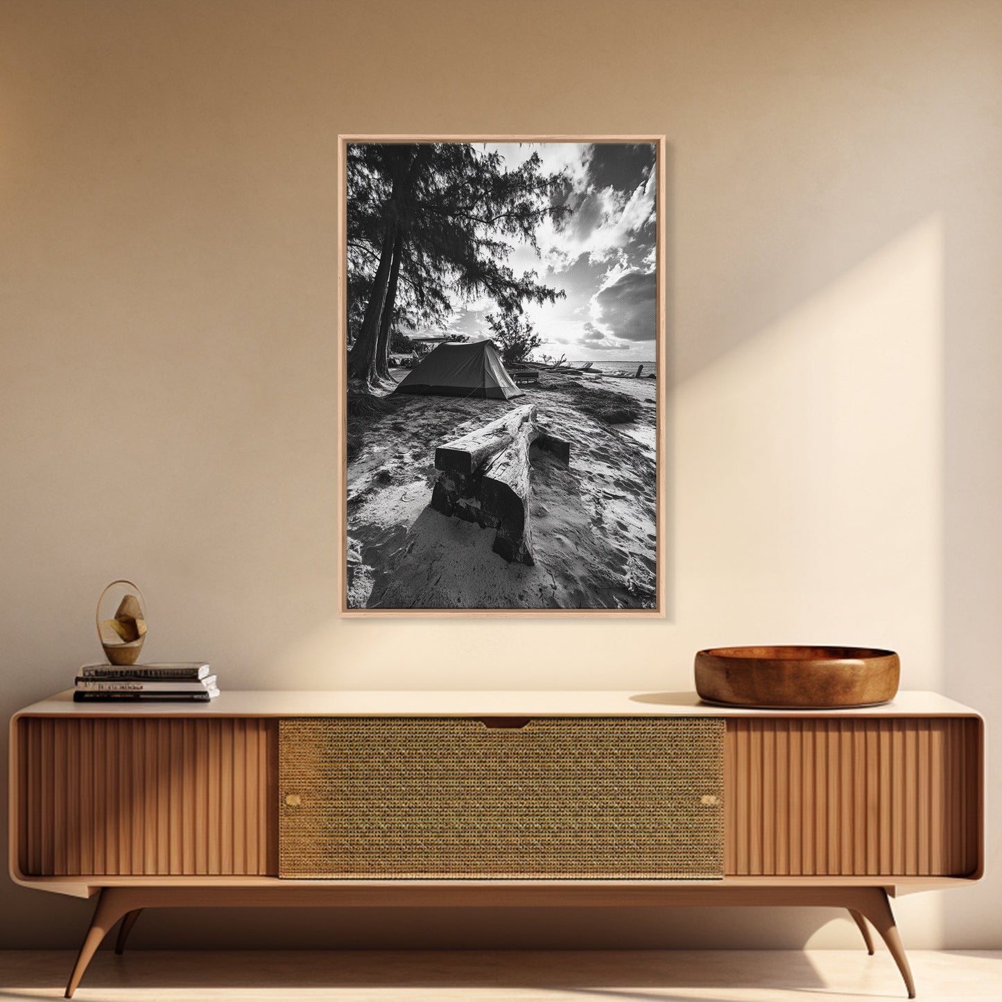 Tent, Beach, Sunset, Trees - Rustic camping coastal escape vibe, Framed Canvas Print, ideal bedroom or adventure nursery decor, outdoor art