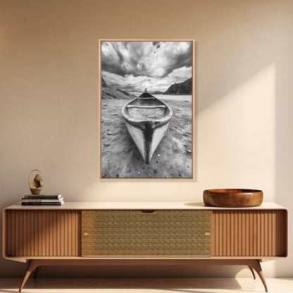 Canoe, Shoreline, Dramatic, Sky - canoe landscape Canvas Print, rustic wall art, entryway decor, nature photography, monochrome mountain