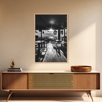 Ocean, Deck, Sunset, Rays - Golden hour beach bar shadows, Canvas Print, perfect dining room or kitchen wall art, rustic coastal decor