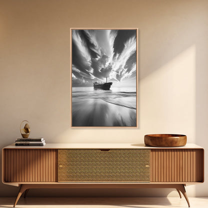 Stormy Sky Ship, Dramatic Seascape, Black White Photography, Ocean Nautical Decor, Framed Canvas Print, Coastal Wall Art, Moody Minimalist