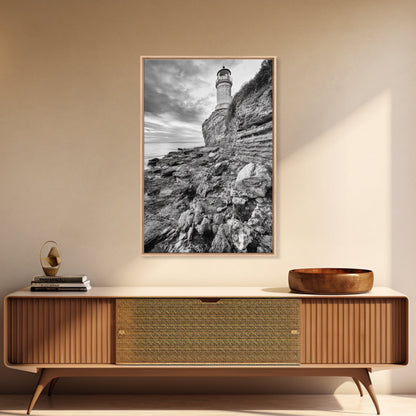 Lighthouse Beacon, Rocky Shoreline, Nautical Coastal Scene, Framed Canvas Print, Ocean View Art, Seaside Living Room Wall Decor