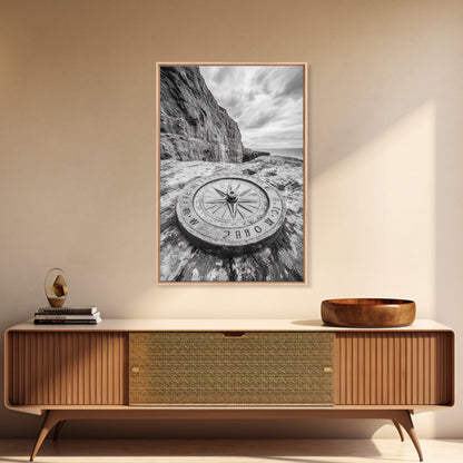 Compass On Cliff, Adventure Travel Art, Nautical Wall Decor, Framed Canvas Print, Rustic Office Art, Nature Explorer Gift Idea