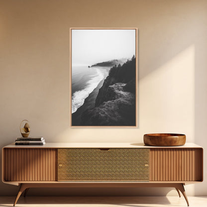 Misty Coastline, Pine Forest, Foggy Morning, Framed Canvas Print, Moody Nature Decor, Living Room Wall Art, Monochrome Style