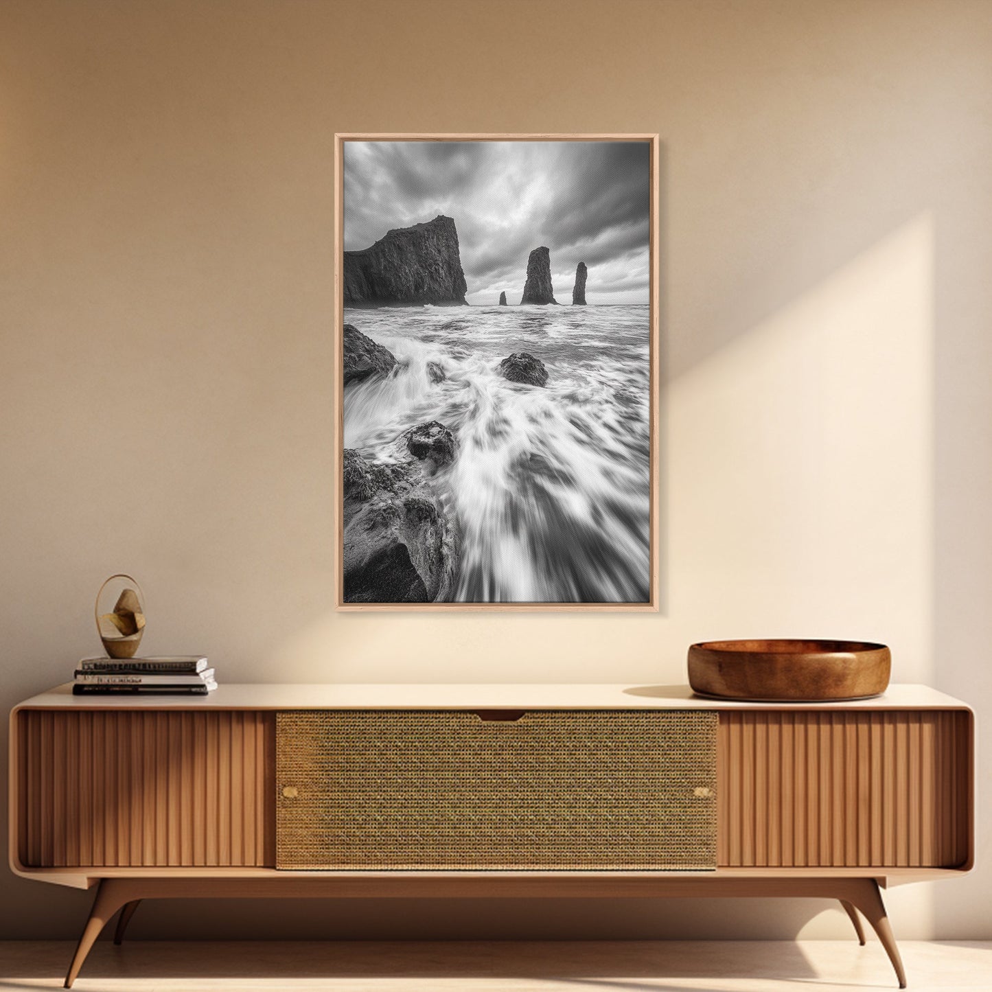 Sea Stacks Seascape, Ocean Art, Moody Coastline Print, Nature Photography, Framed Canvas Print, Living Room Wall Art, Black White Seaside