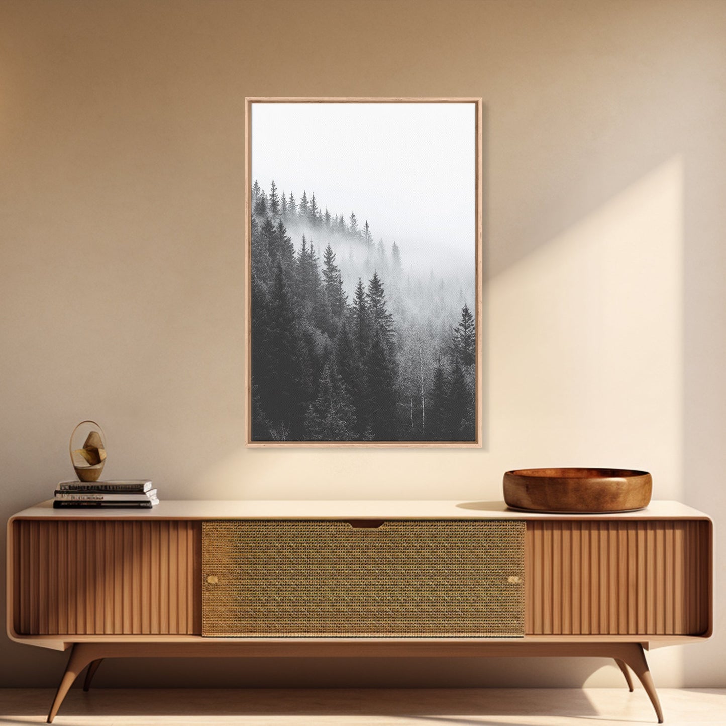 Misty Forest, Pine Trees, Foggy Morning, Canvas Print, Moody Nature Wall Art, Nordic Bedroom Decor, Monochrome Forest Landscape