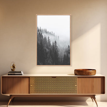 Misty Forest, Pine Trees, Foggy Morning, Canvas Print, Moody Nature Wall Art, Nordic Bedroom Decor, Monochrome Forest Landscape
