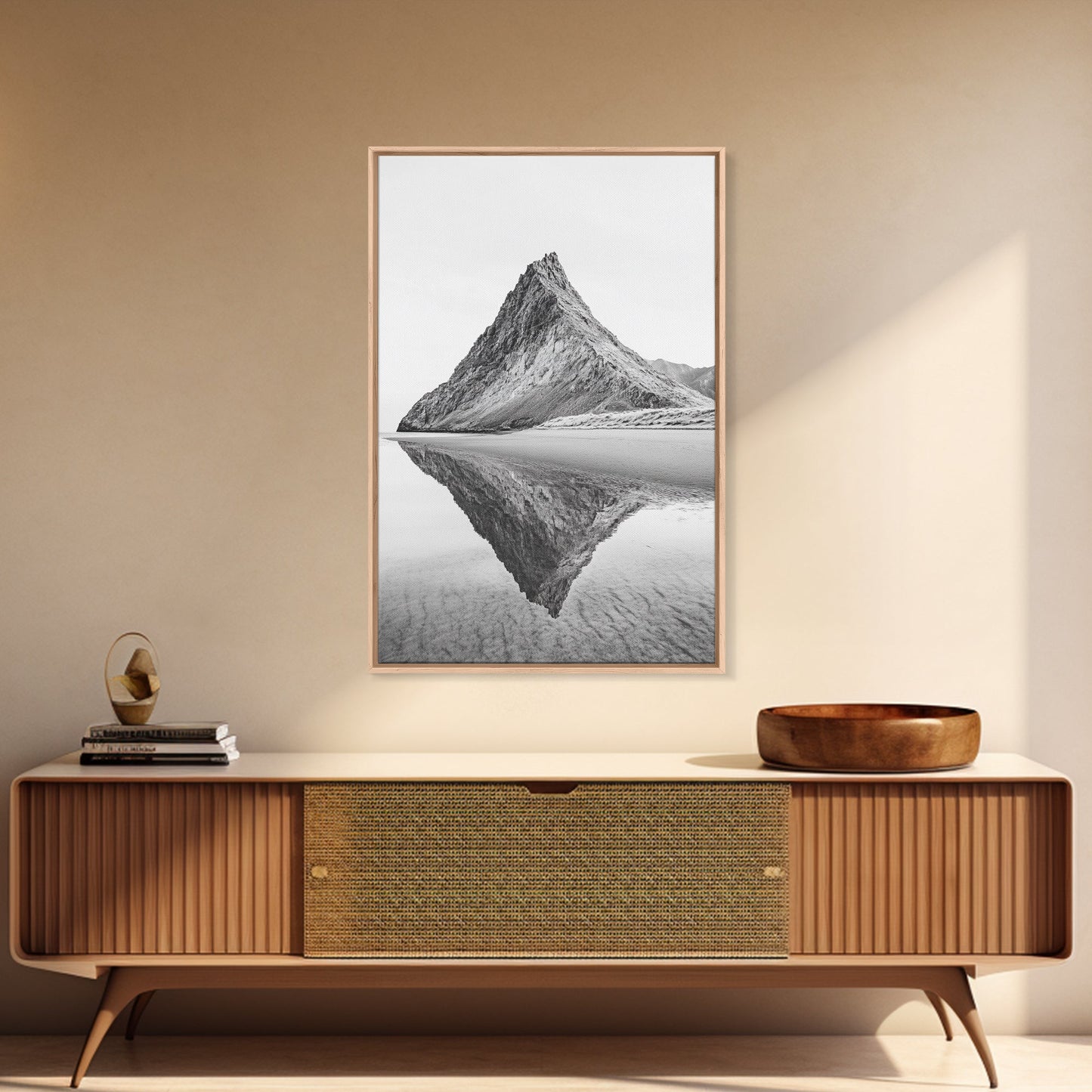 Mountain Mirror, Coastal Peak, Serene Beach, Canvas Print, Minimalist Landscape Art, Modern Living Room Wall Decor, Monochrome Nature Style