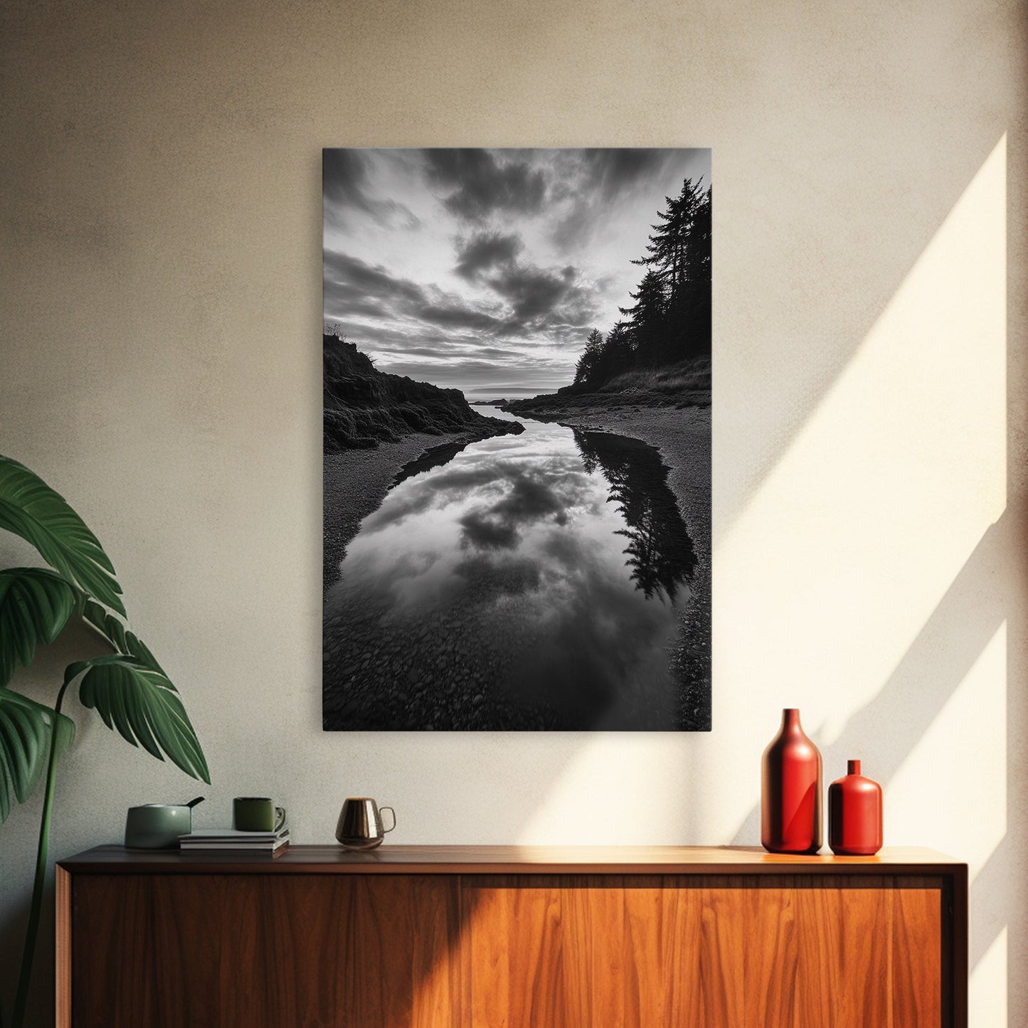 Reflective Tide Pool, Dramatic Sky, Forest Silhouette, Black and White Seascape, Framed Canvas Print, Living Room Wall Art, Nature Boho Style