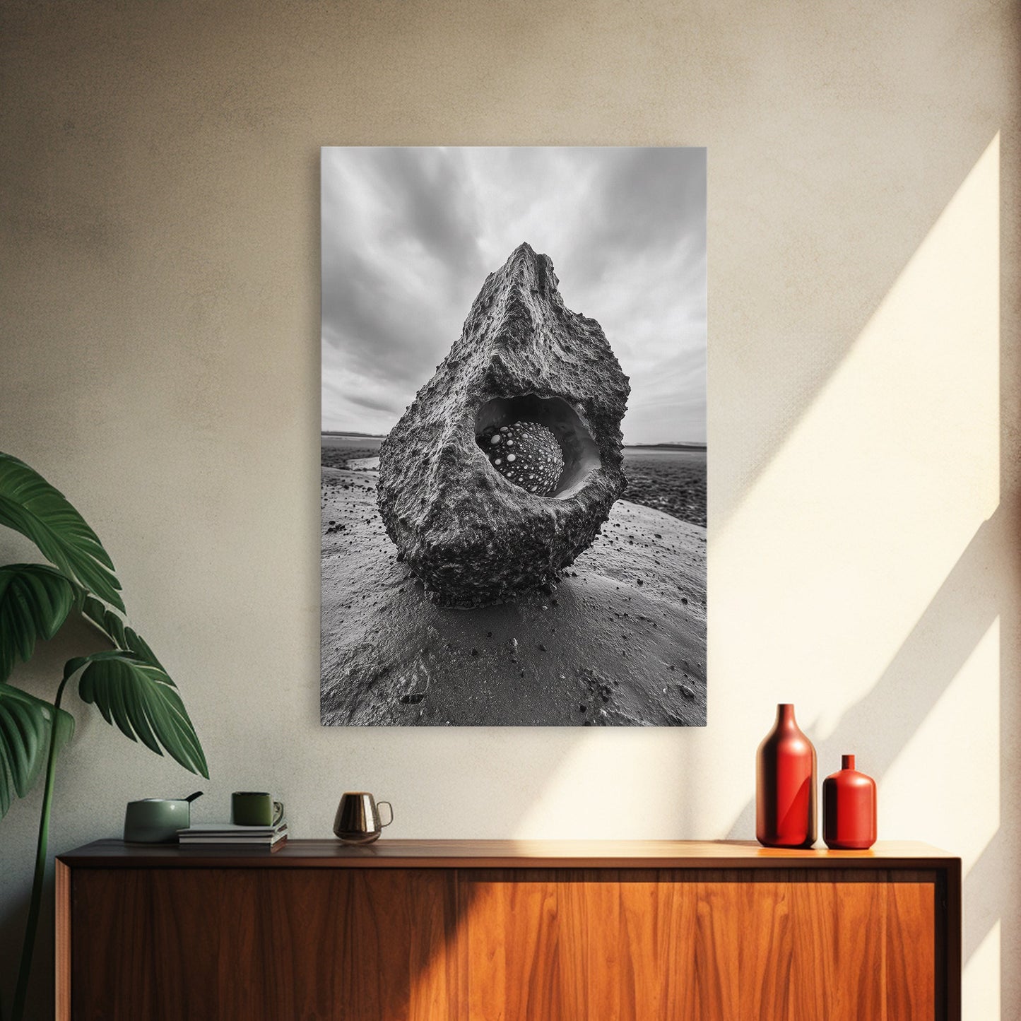 Sea Orb Rock, Coastal Texture, Ocean Shell Art, Framed Canvas Print, Beach House Wall Decor, Abstract Nature, Nautical Art Piece