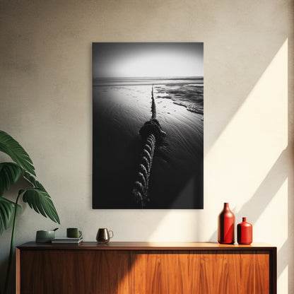 Ocean Rope Shore, Nautical Minimalism, Seaside Monochrome, Black and White Calm, Framed Canvas Print, Bedroom Wall Art, Coastal Decor