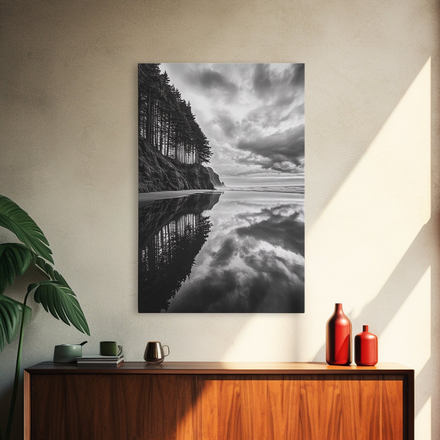 Ocean Cliff Reflection, Dramatic Coastline Art, Cloudy Sky Canvas, Framed Canvas Print, Living Room Wall Art, Moody Landscape Photography