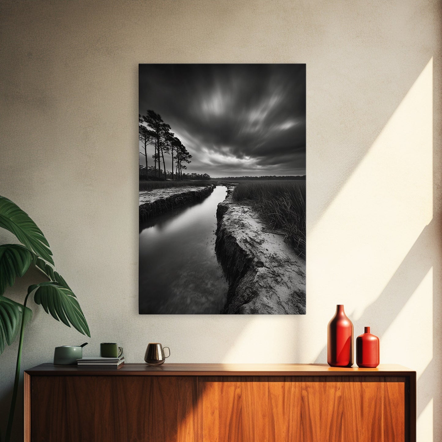 Misty Marsh Path, Moody Landscape, Nature Wall Decor, Living Room Art, Canvas Print, Black and White Photography, Autumn Wall Art