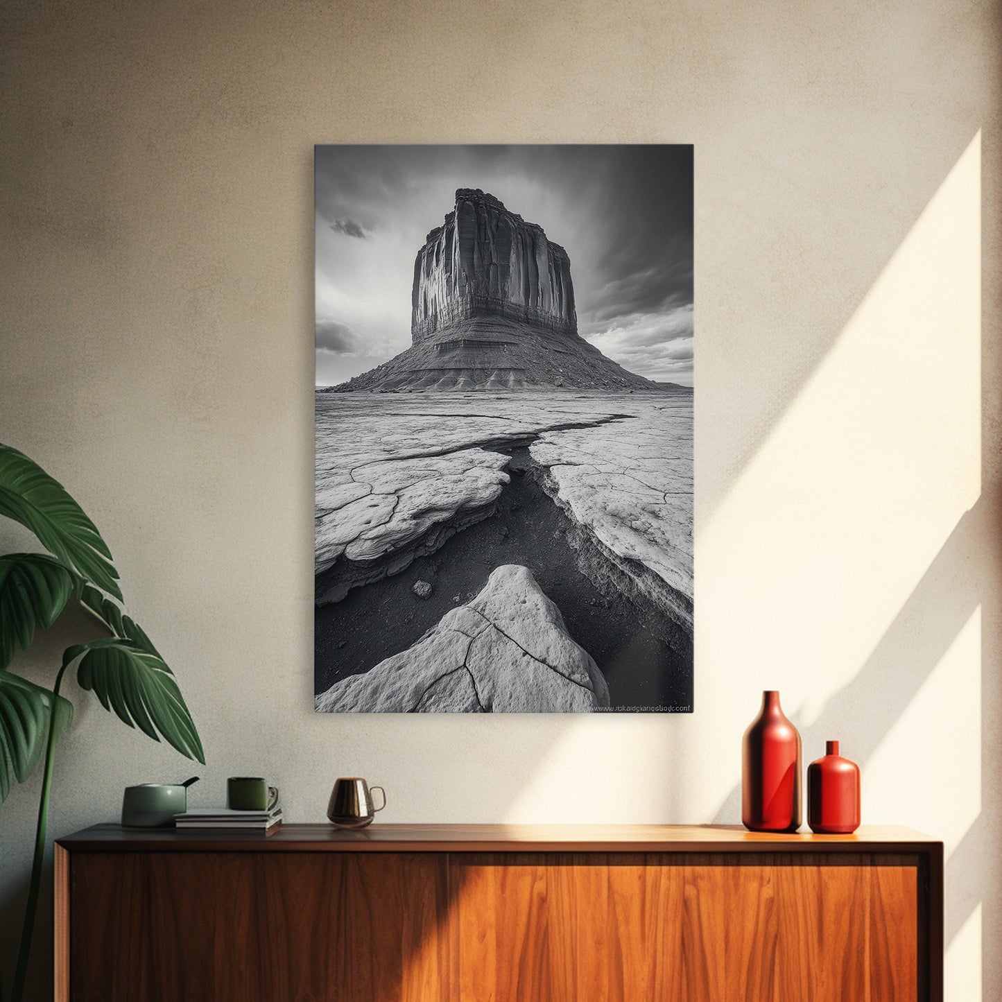 Monument Valley Cliff, Desert Rockscape, Framed Canvas Print, Western Wall Art, Office Decor, Black and White Photography