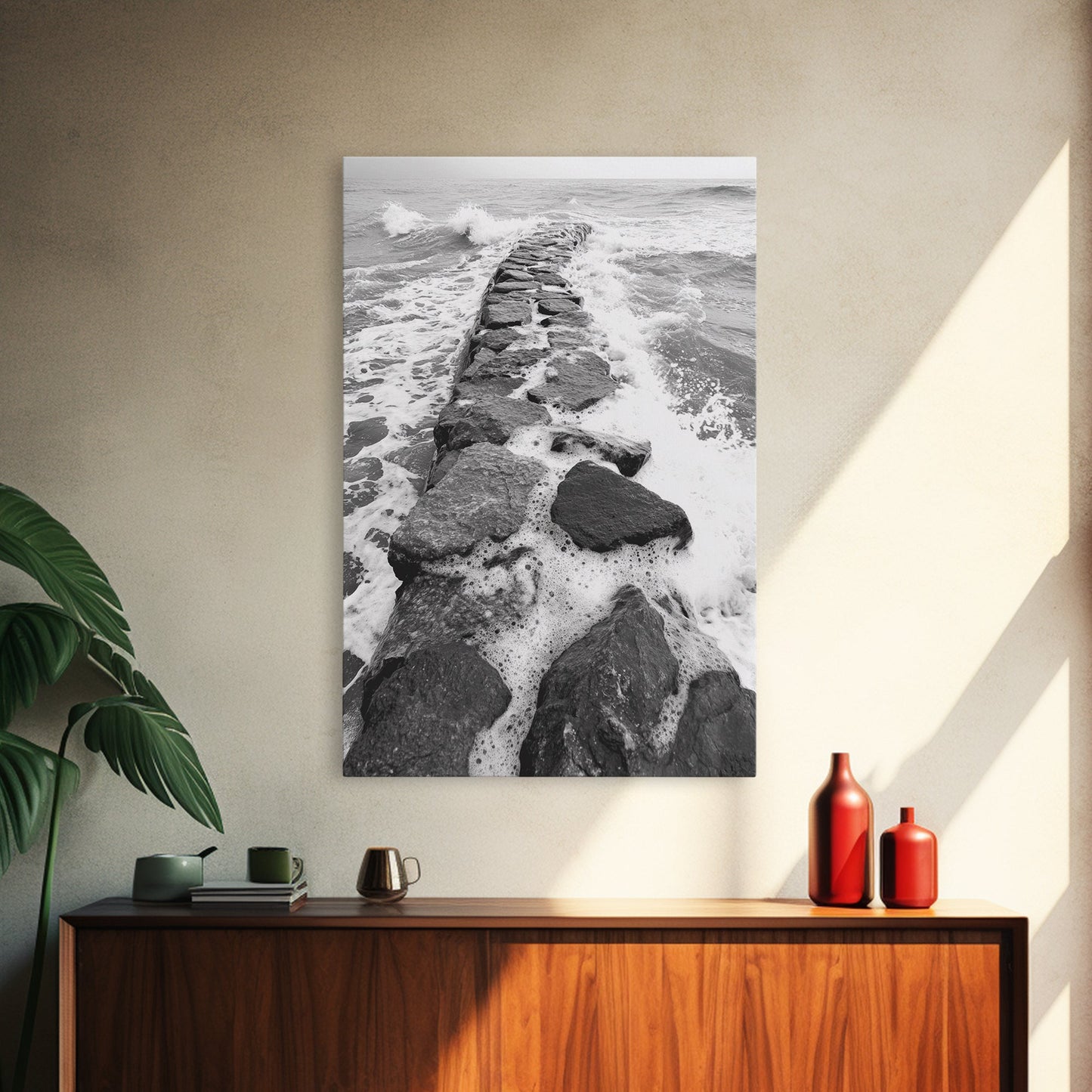 Rocky surf path, ocean jetty power, dramatic sea waves, black white beachscape, Canvas Print, bathroom wall art, nautical minimalist decor